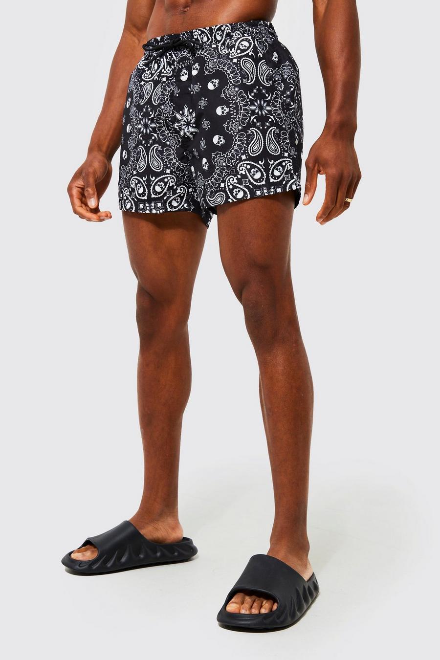 Black Short Length Bandana Swim Shorts