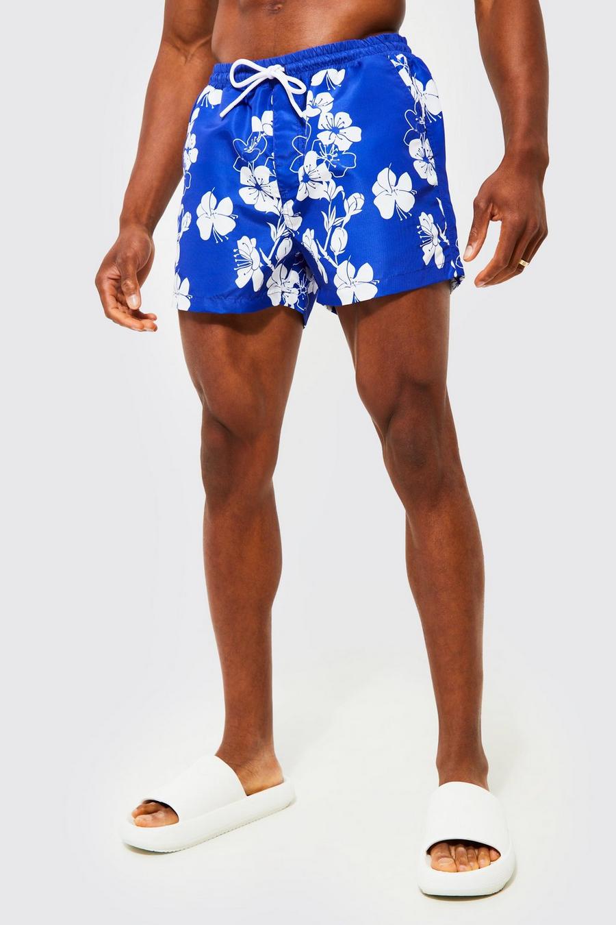 Cobalt blue Short Length Floral Swim Shorts