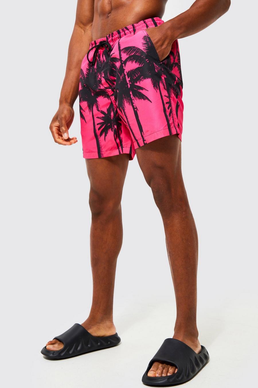 Pink Mid Length Palm Swim Shorts image number 1