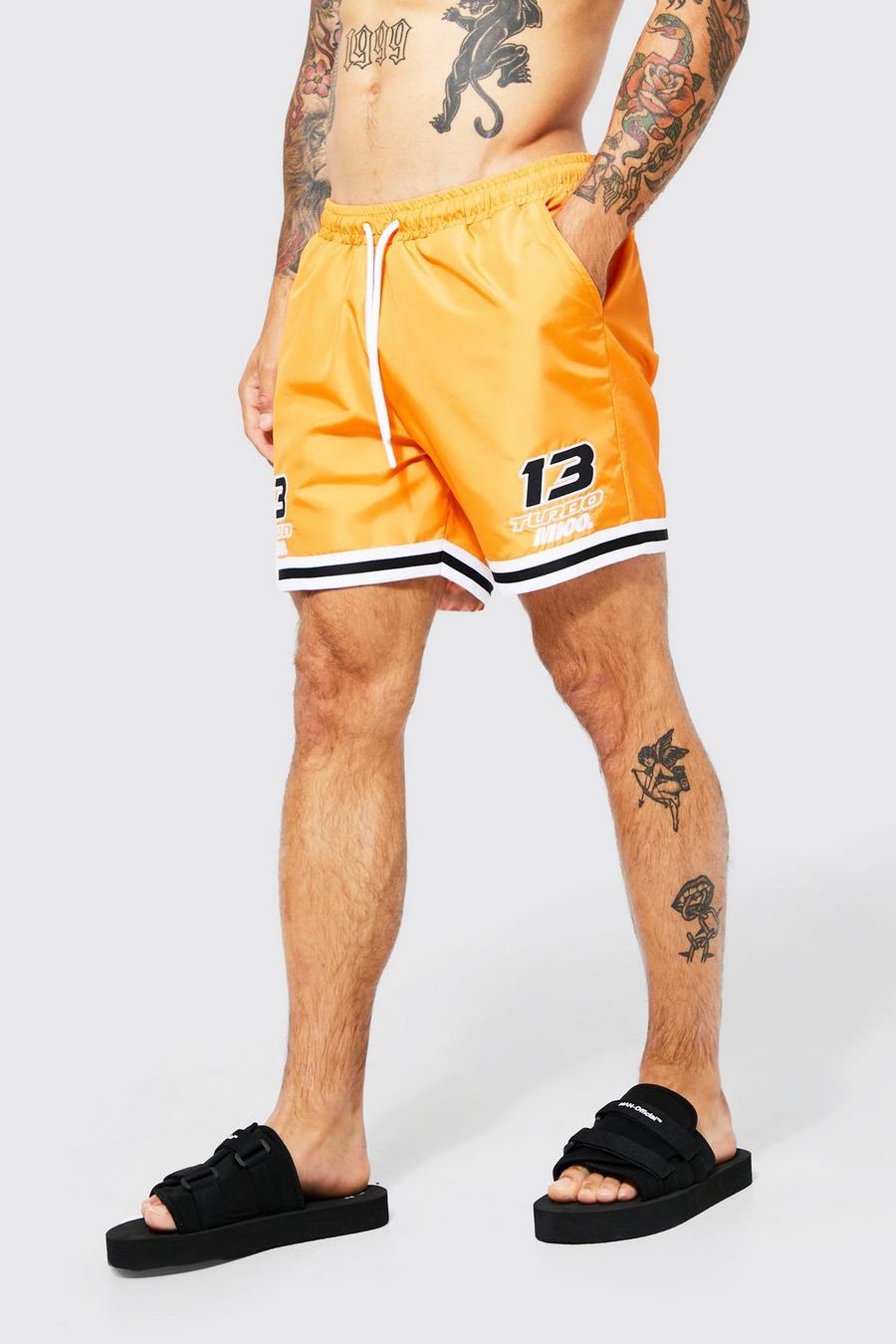 Orange Mid Length Moto Swim Shorts image number 1