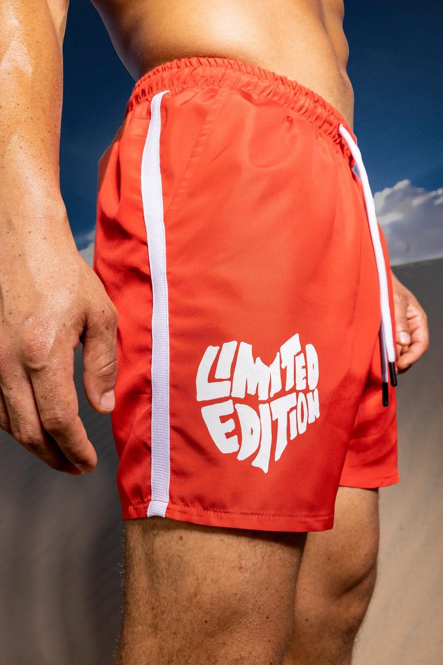 Red Mid Length Limited Tape Swim Shorts image number 1