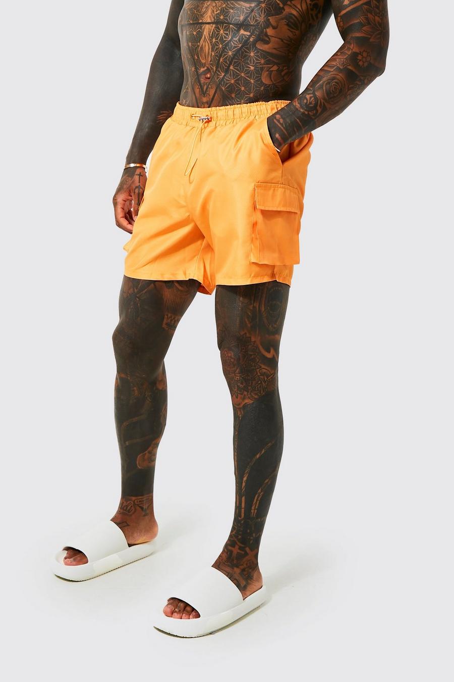 Orange Mid Length 3d Cargo Pocket Swim Shorts image number 1