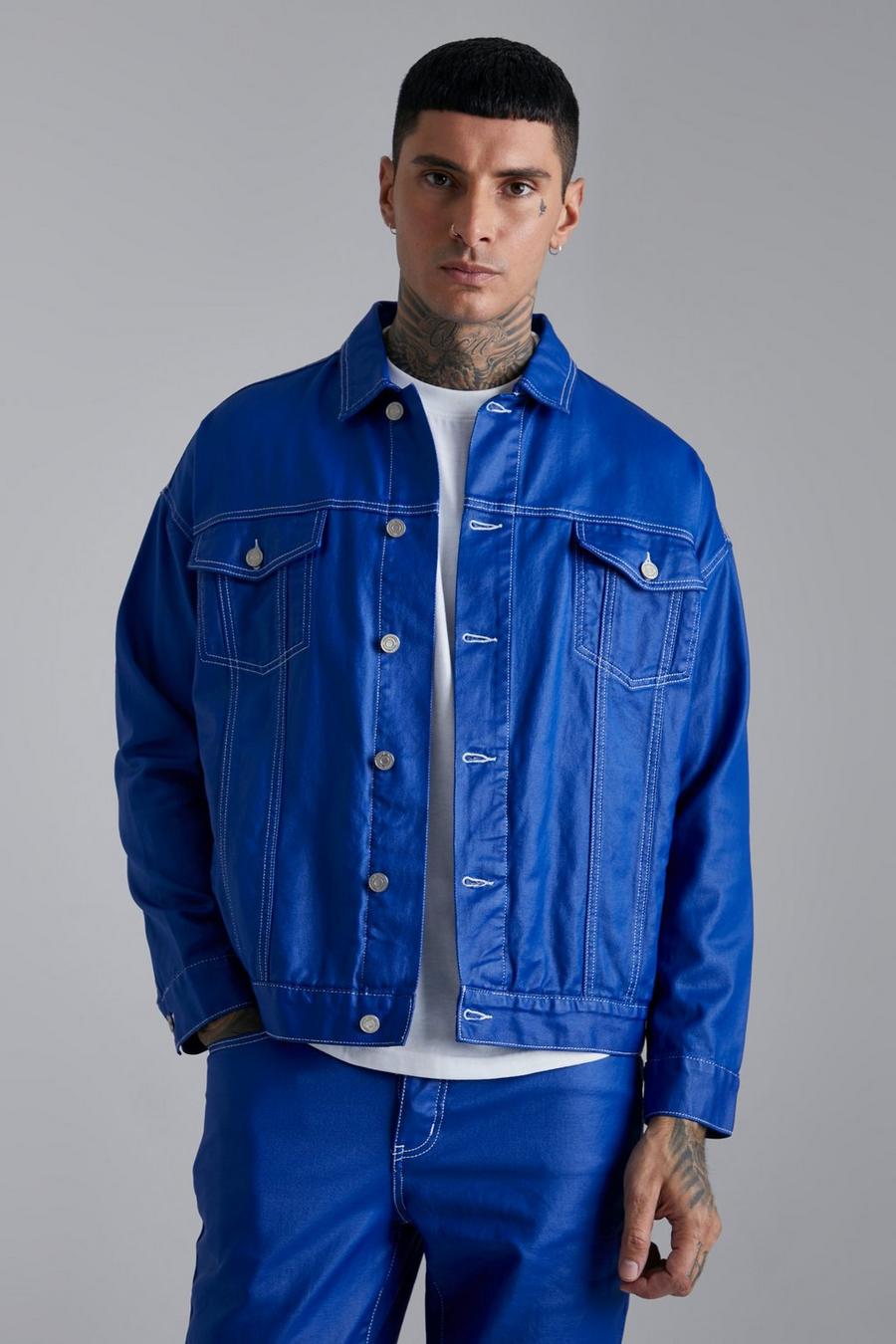 Blue Oversized Coated Denim Contrast Stitch Jacket image number 1