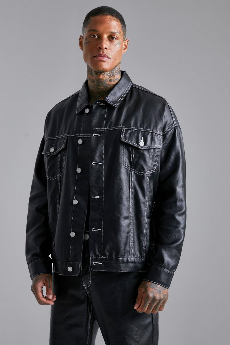 True black Oversized Coated Denim Contrast Stitch Jacket