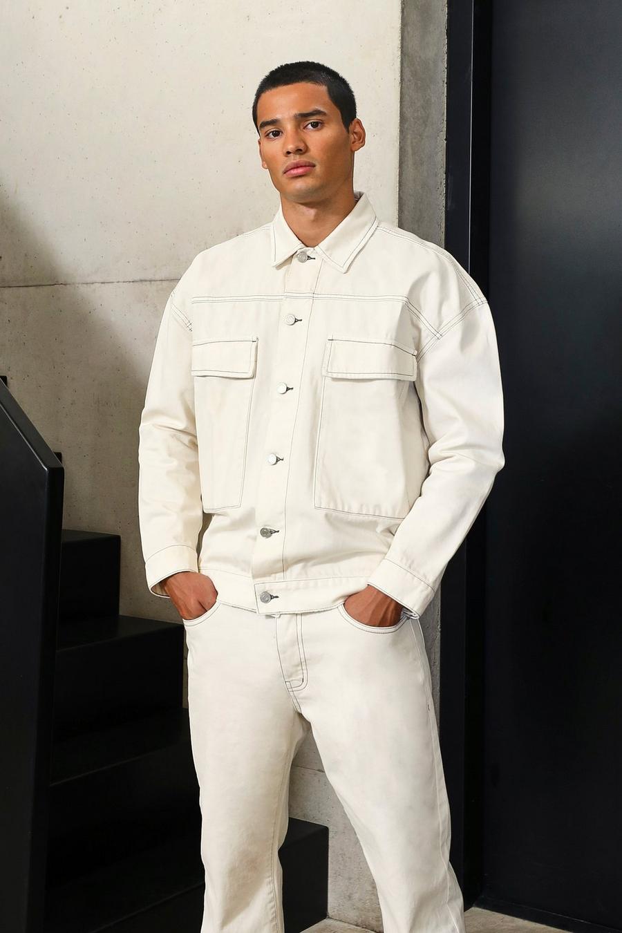 Ecru white Oversized Contrast Stitch Denim Jacket 