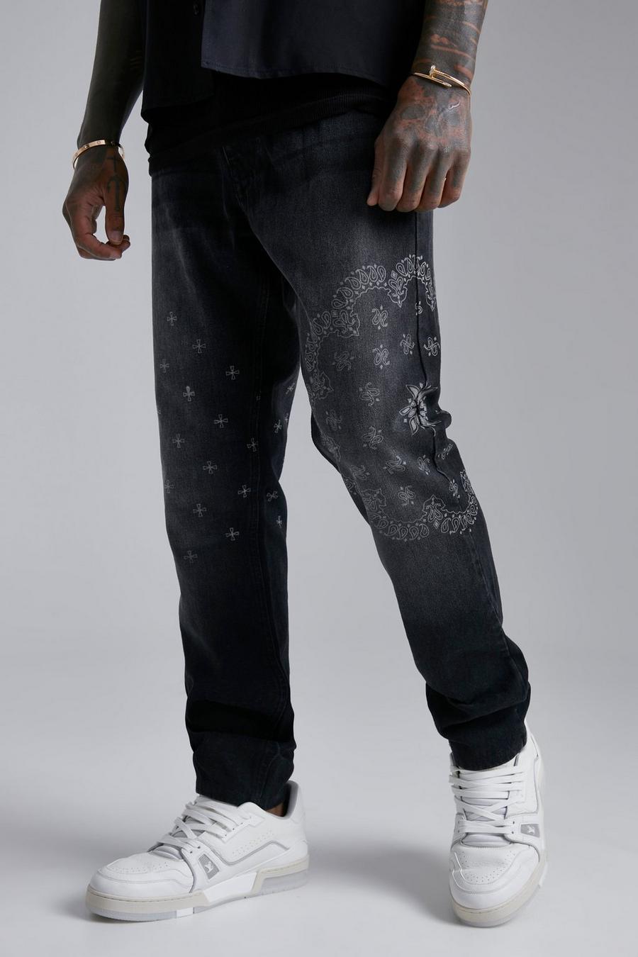 Washed black Slim Fit Bandana Print Jeans image number 1