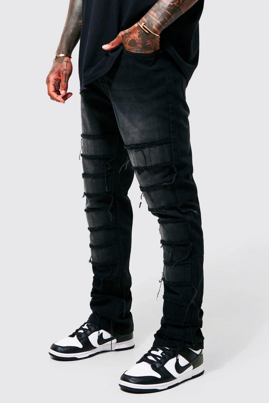 Washed black Stacked Flare Diagonal Distressed Jeans