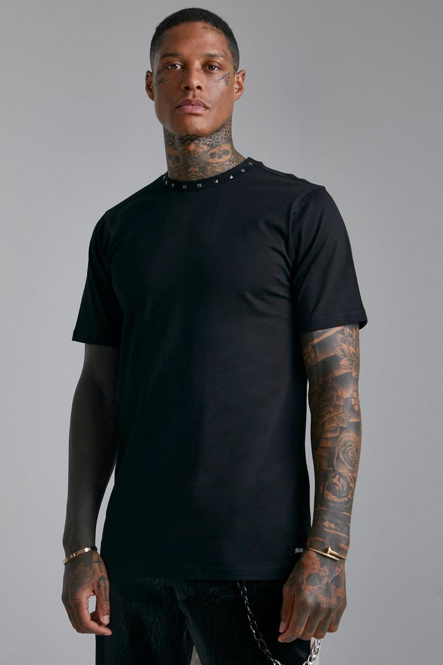Black Slim Stud Neck Detail T-shirt image number 1
