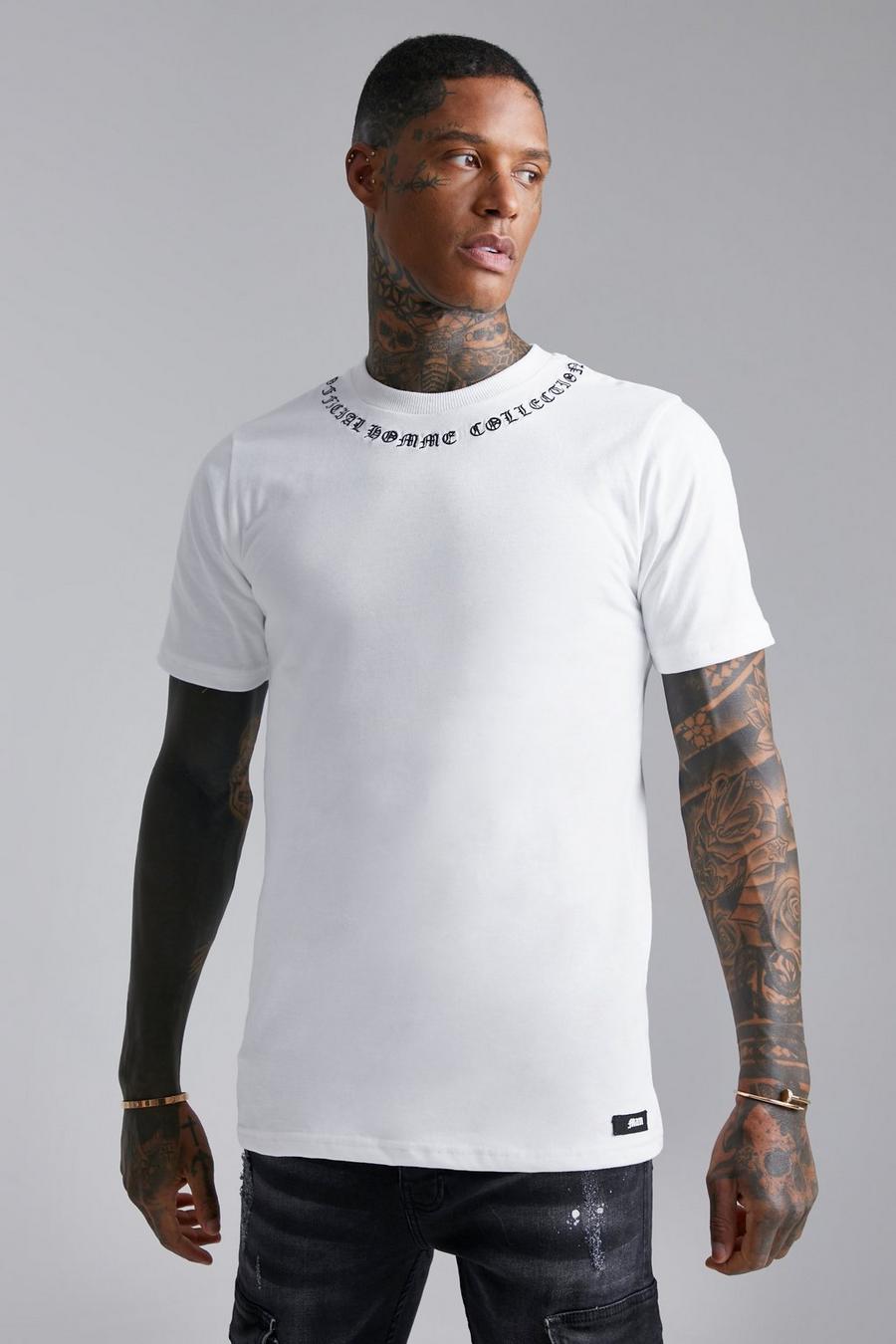 Ecru white Slim Fit Embroidered Neck Detail T-shirt
