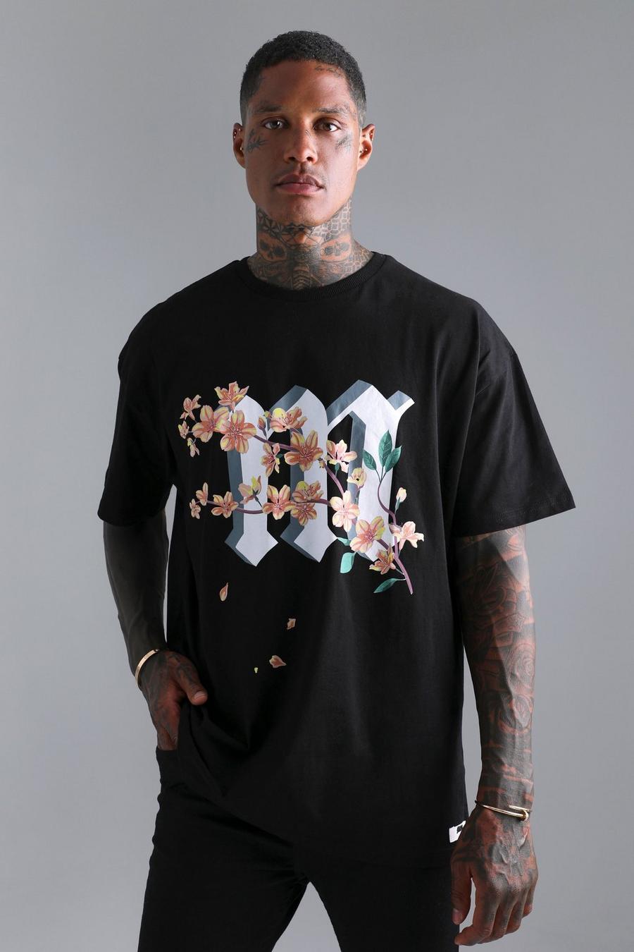 Black Oversized Floral Graphic Heavyweight T-shirt image number 1