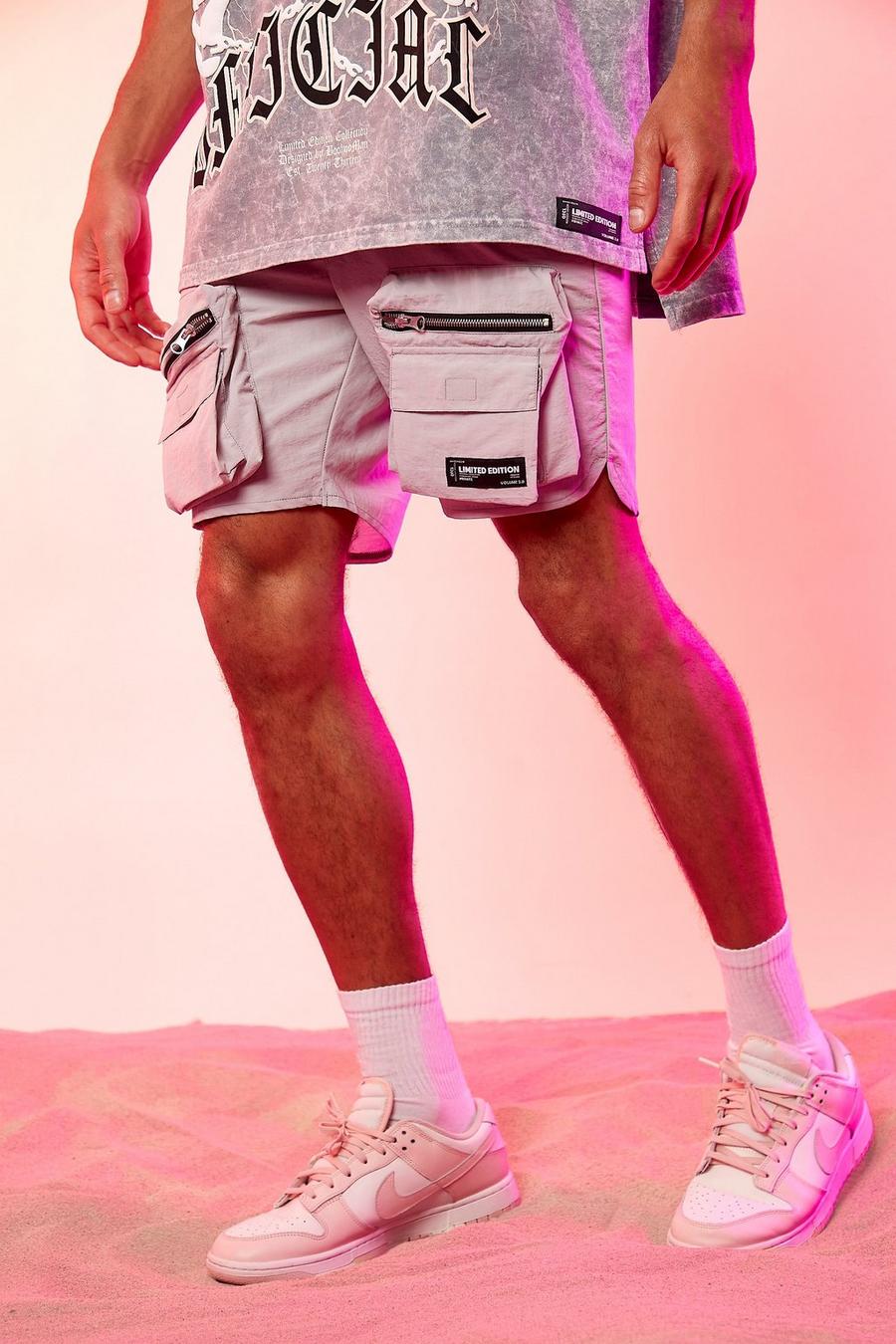 Grey Slim Fit Crinkle 3d Pocket Cargo Shorts image number 1