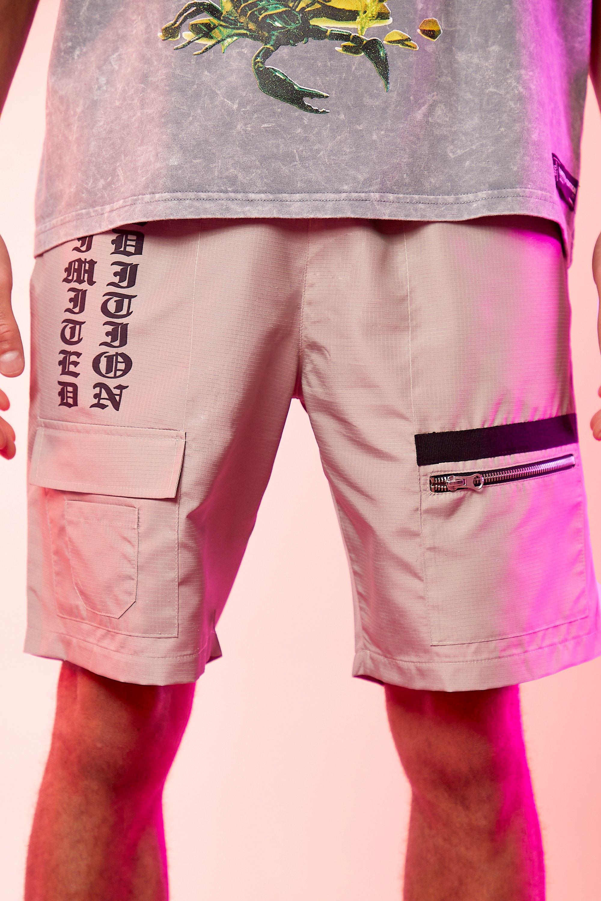 Boohoo Denim Regular Fit Ripstop Printed Cargo Shorts in Ecru Pink Womens Clothing Shorts Cargo shorts 