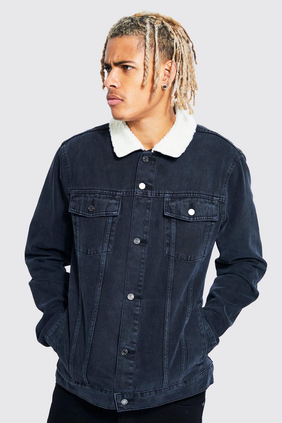 Washed black Tall Denim Jacket With Borg Collar