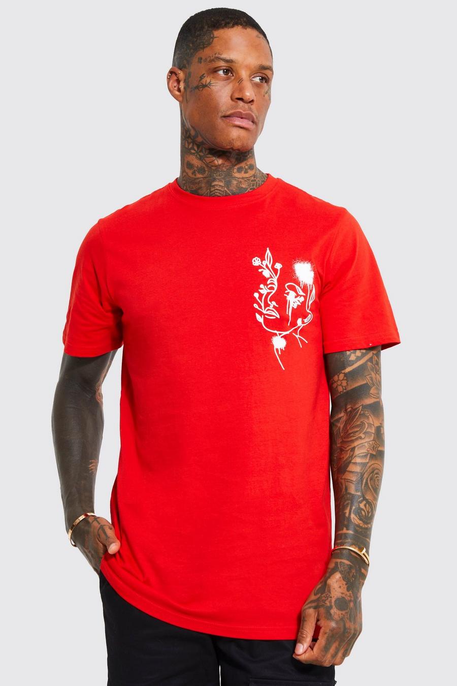 Red Longline Line Drawing Print T-shirt image number 1