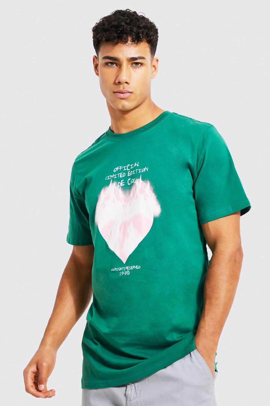 Green Longline Heart Flame Graphic T-shirt image number 1