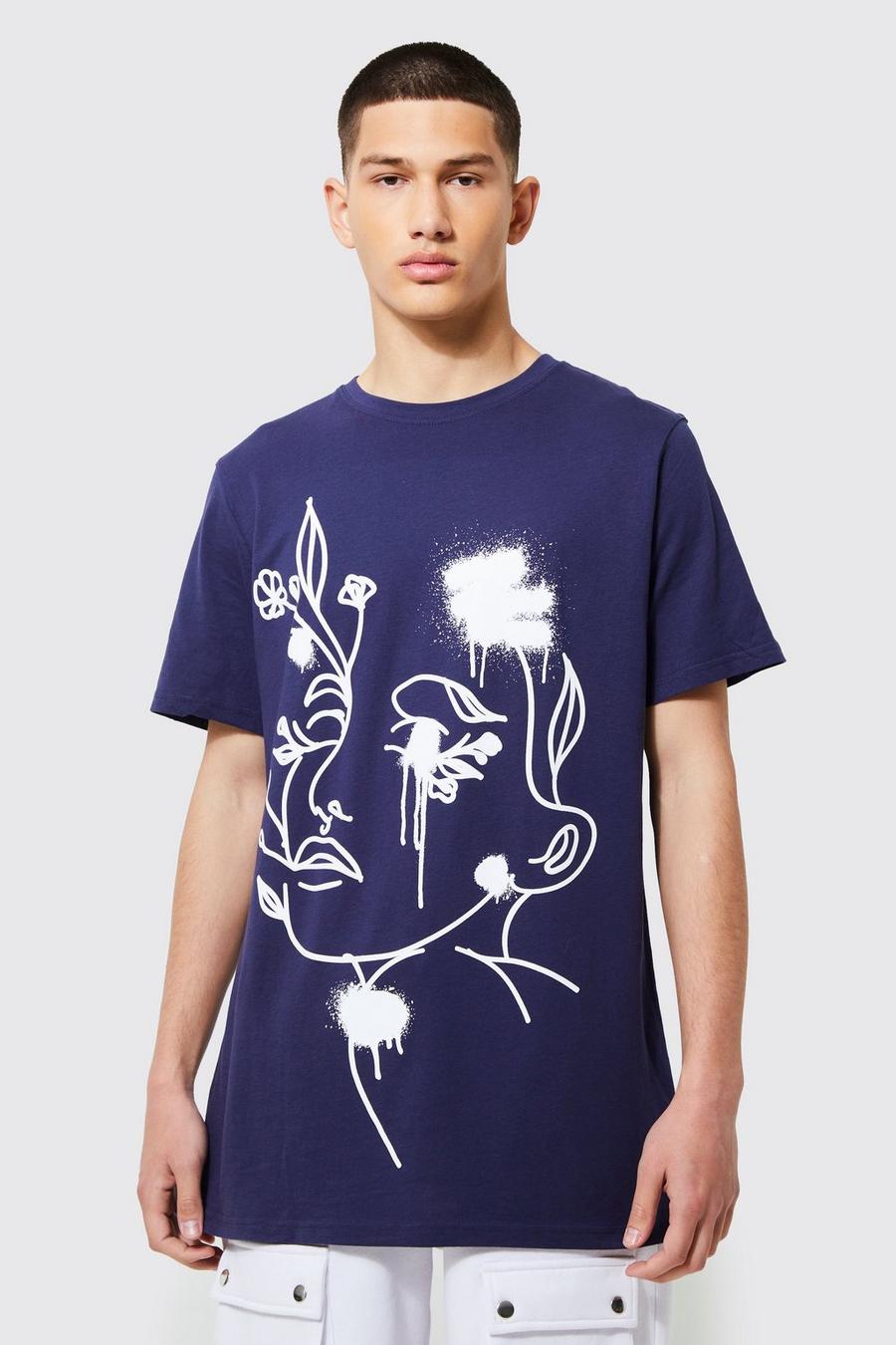 Navy Longline Line Drawing Print T-shirt image number 1