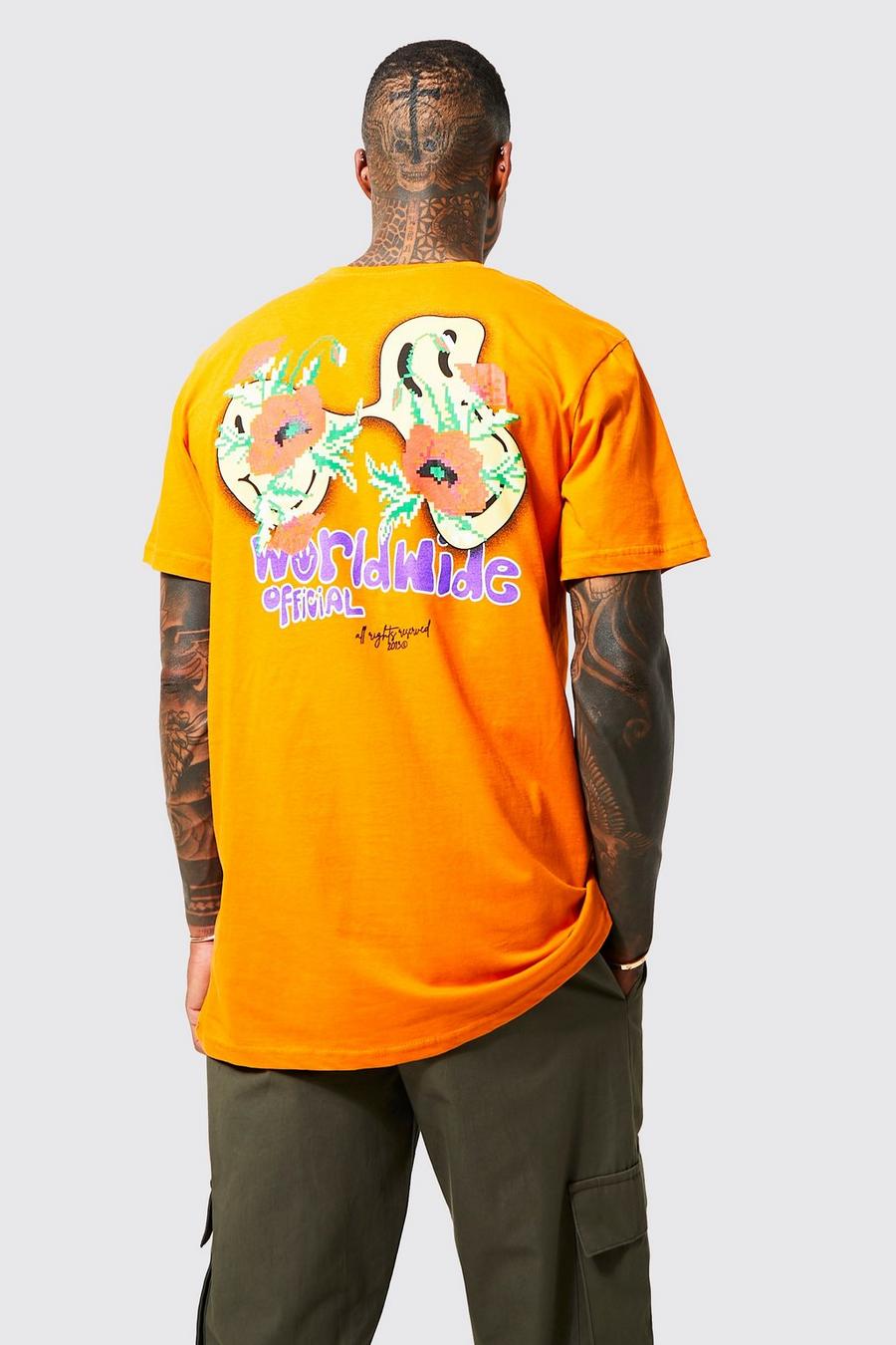 Orange Longline Worldwide Drip Face Graphic T-shirt image number 1