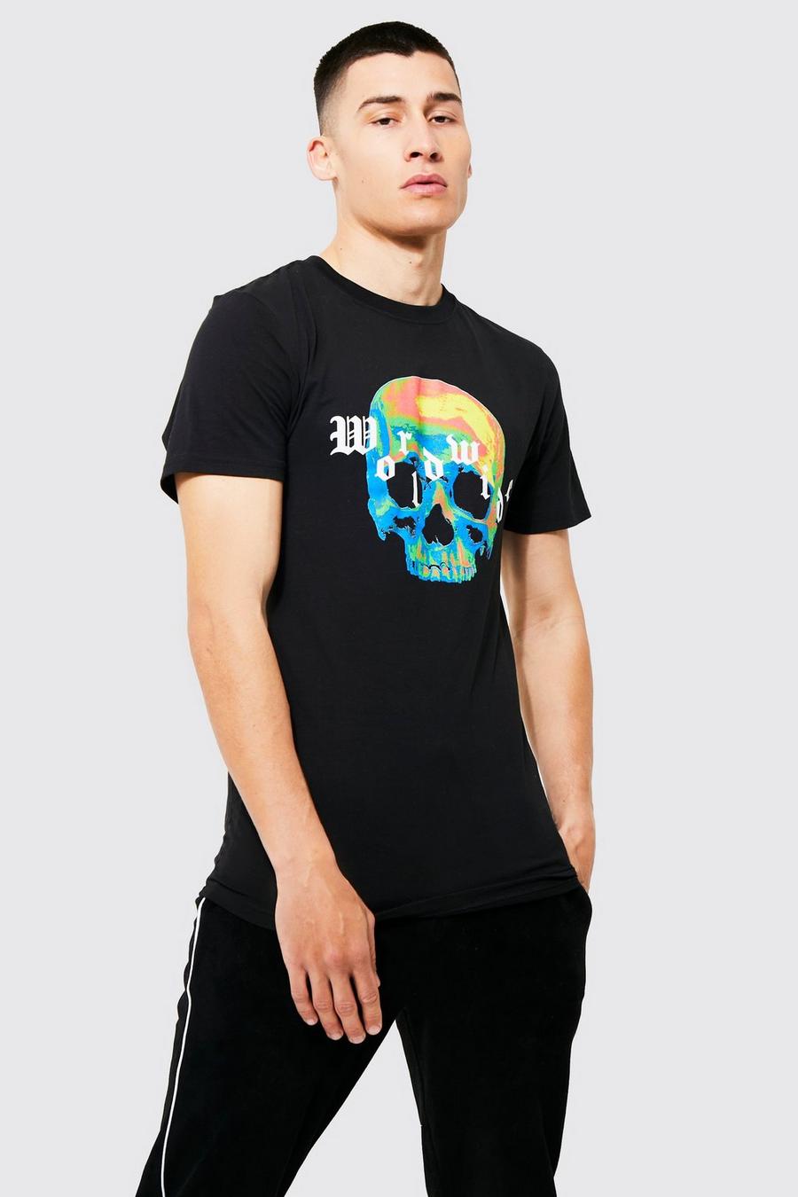 Black Muscle Fit Worldwide Skull Graphic T-shirt image number 1