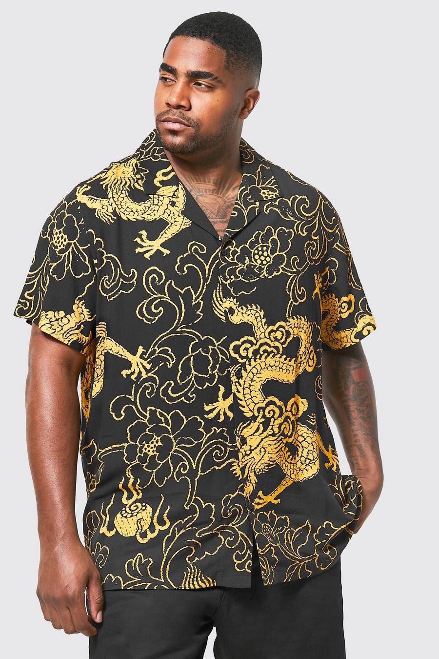 Black Plus Dragon Print Viscose Revere Shirt