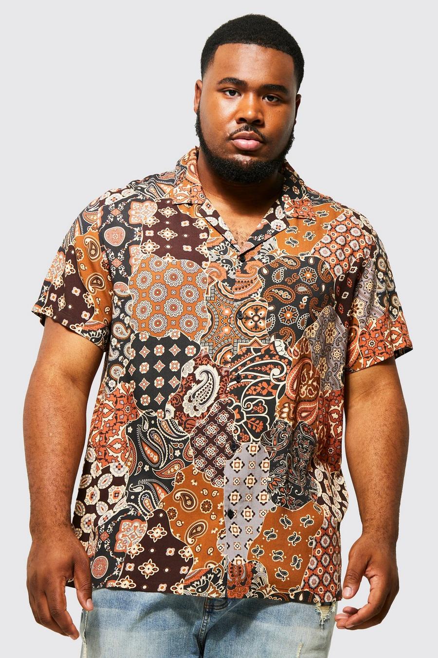 Brown Plus Patchwork Print Viscose Revere Shirt image number 1