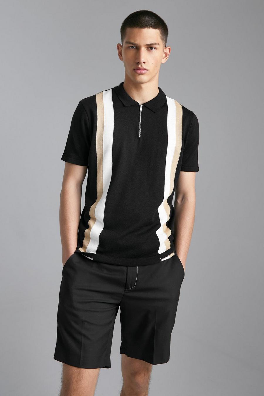 Black Colour Block Half Zip Knitted Polo image number 1