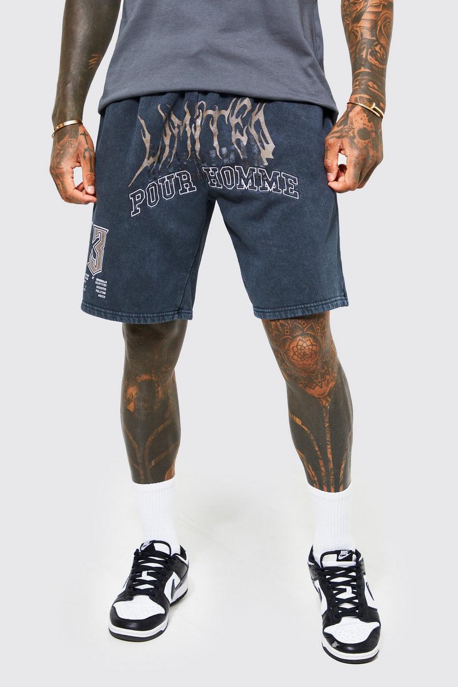 Charcoal grey Loose Fit Graphic Washed Jersey Shorts