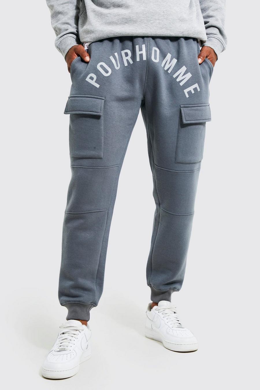 Pantalón deportivo cargo ajustado con estampado Pour Homme, Charcoal gris
