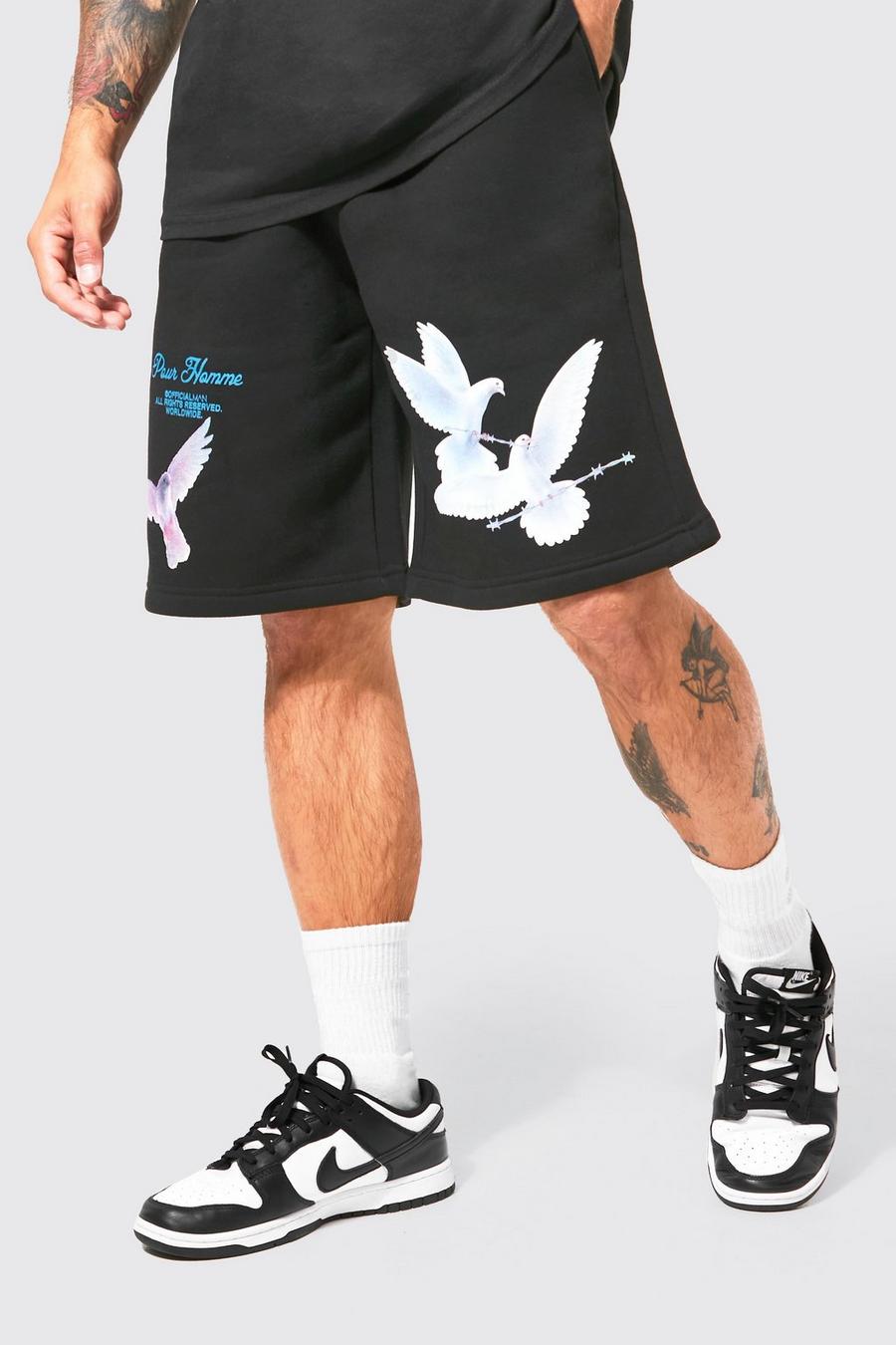 Black Oversized Fit Dove Graphic Shorts image number 1