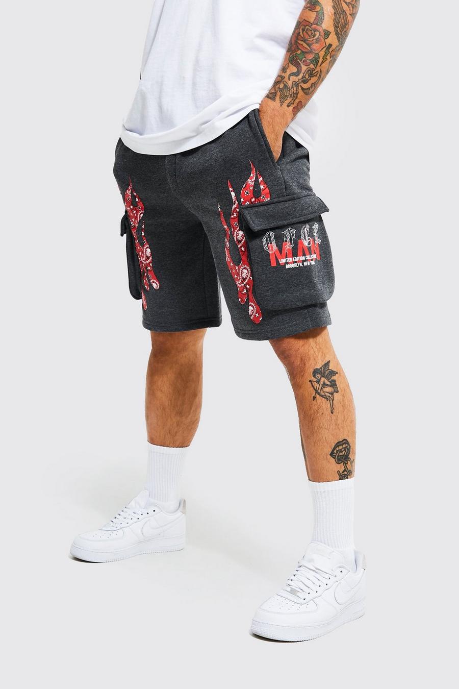 Charcoal Loose Fit Applique Flame Cargo Shorts image number 1