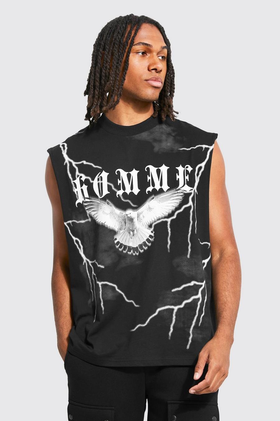 Black Oversized Extended Neck Eagle Graphic Tank