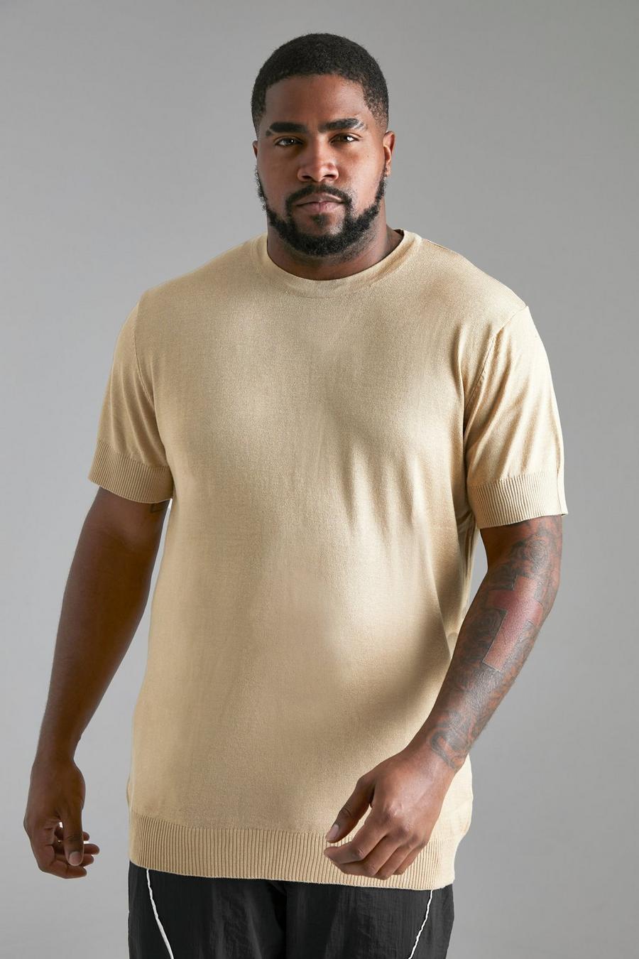 T-shirt Plus Size Basic in maglia, Camel beis