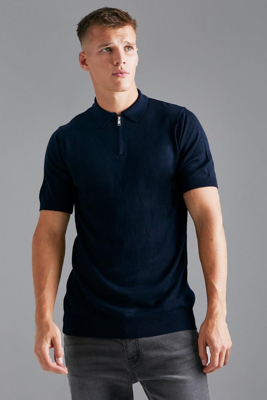 נייבי blu oltremare חולצת פולו סרוגה עם רוכסן חלקי ושרוול קצר לגברים גבוהים image number 1