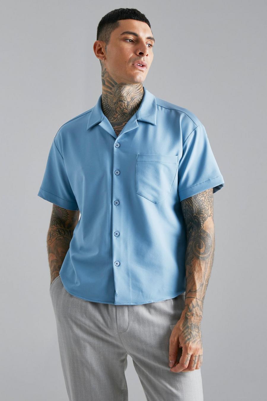 Denim-blue Nylon 4 Way Stretch Boxy Fit Shirt image number 1
