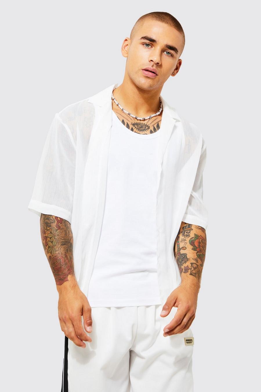 Camicia in chiffon semi-trasparente con trama e rever scesi, White bianco