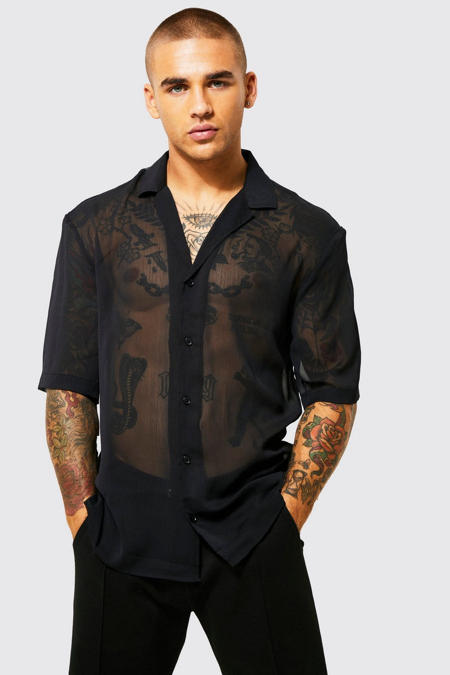 Strukturiertes transparentes Chiffon-Hemd, Black schwarz