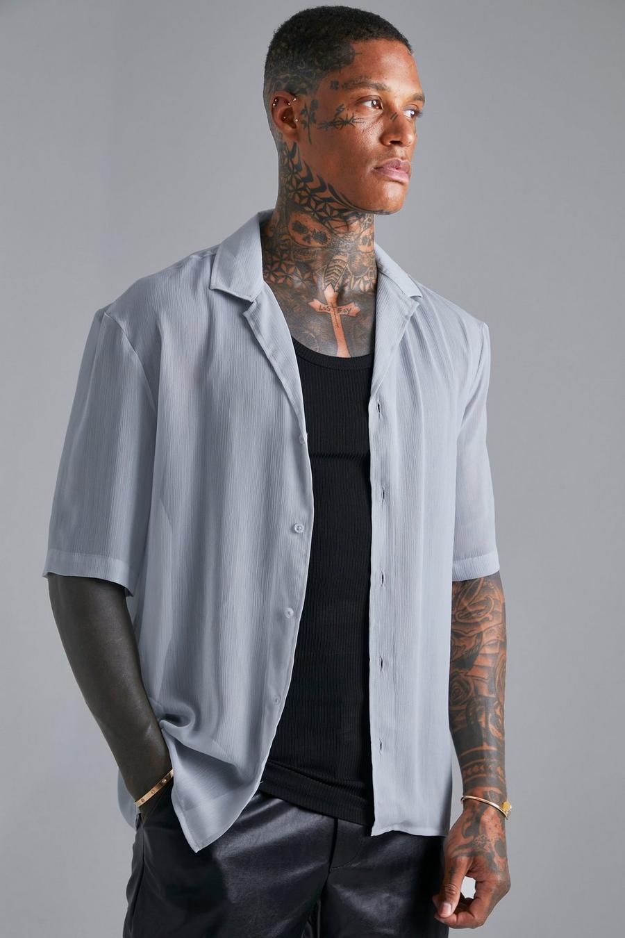 Camicia in chiffon semi-trasparente con trama e rever scesi, Pale grey image number 1