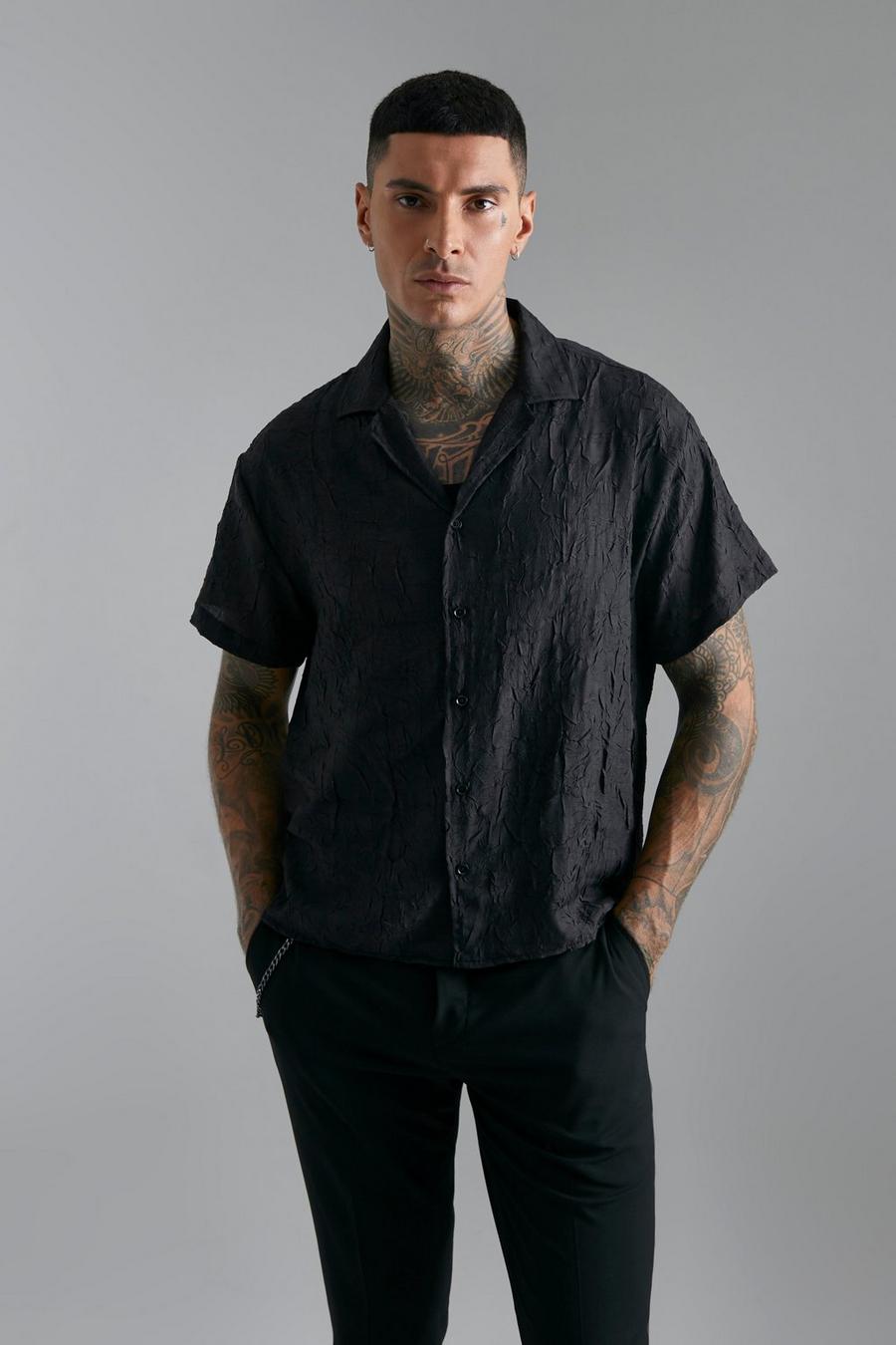 Black Short Sleeve Boxy Revere Crinkle Shirt image number 1