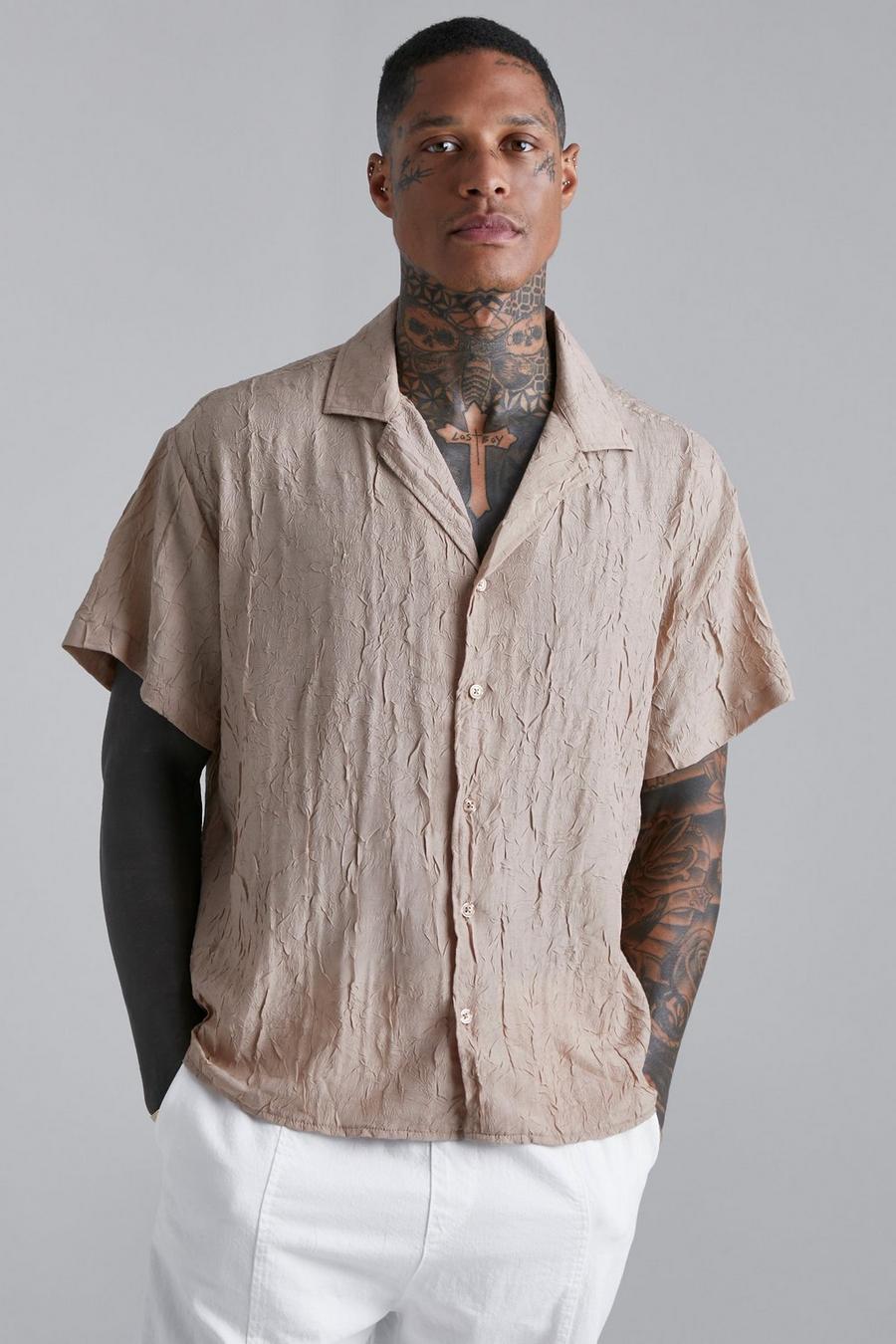 Mocha Short Sleeve Boxy Revere Crinkle Shirt image number 1