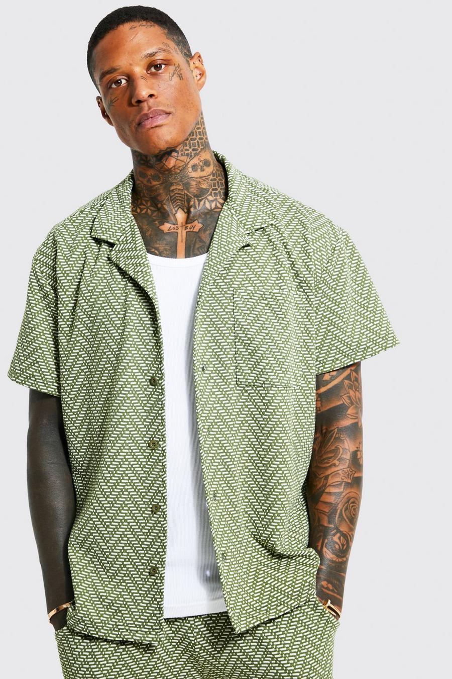 Khaki Short Sleeve Boxy Geo Jacquard Shirt