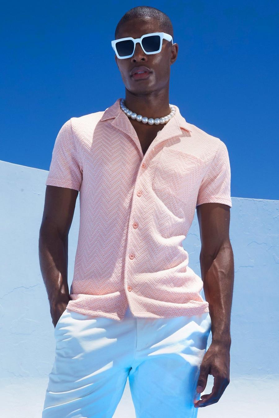 Light pink Short Sleeve Jacquard Revere Muscle Shirt image number 1