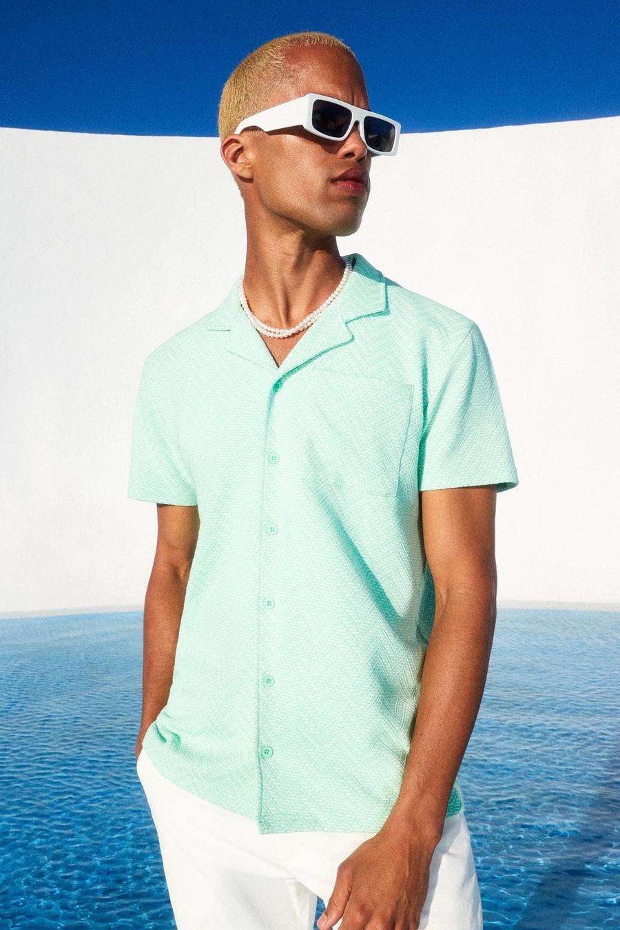 Mint green Kortärmad mönstrad skjorta med bowlingkrage image number 1