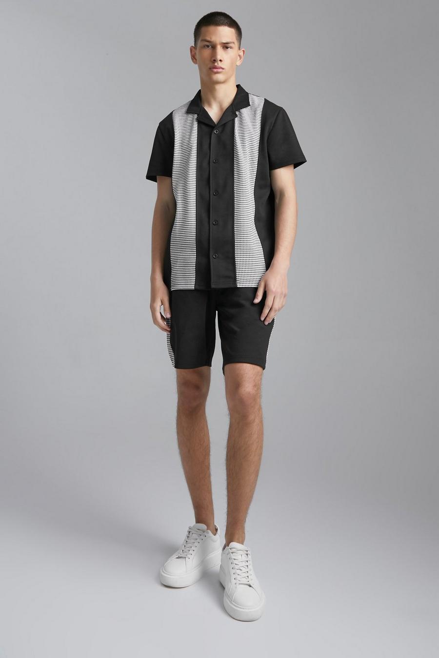 Black Jacquard Panel Revere Shirt And Shorts image number 1