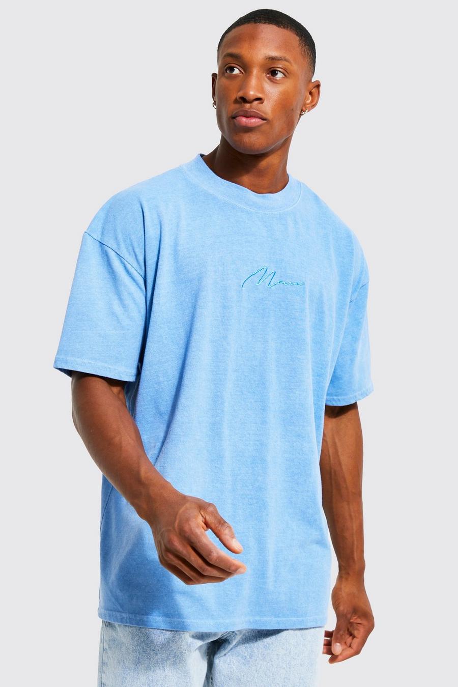 T-shirt oversize sovratinta con firma Man, Light blue azul