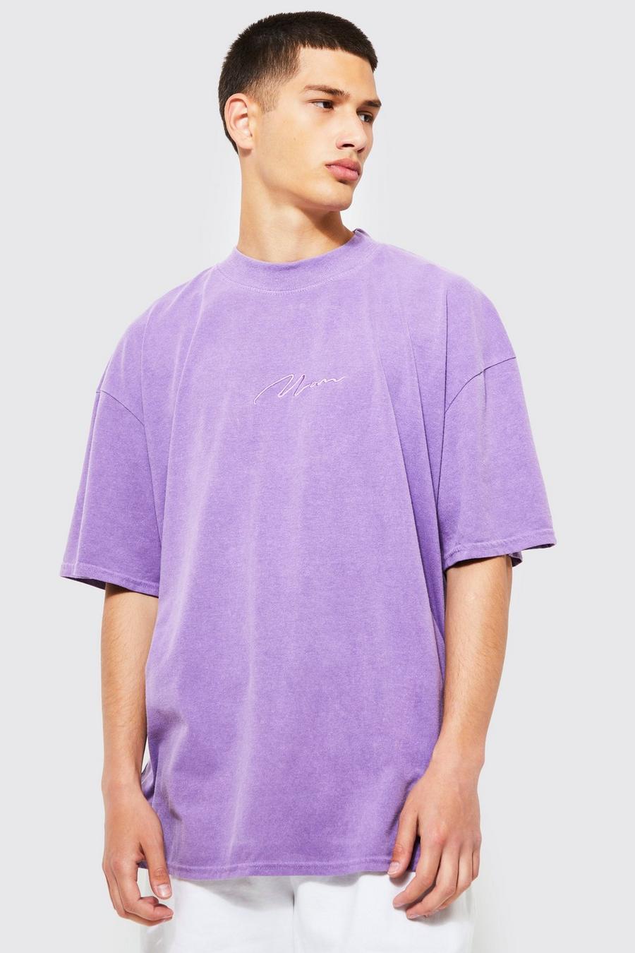 Purple Oversized Overdye Man Signature T-shirt