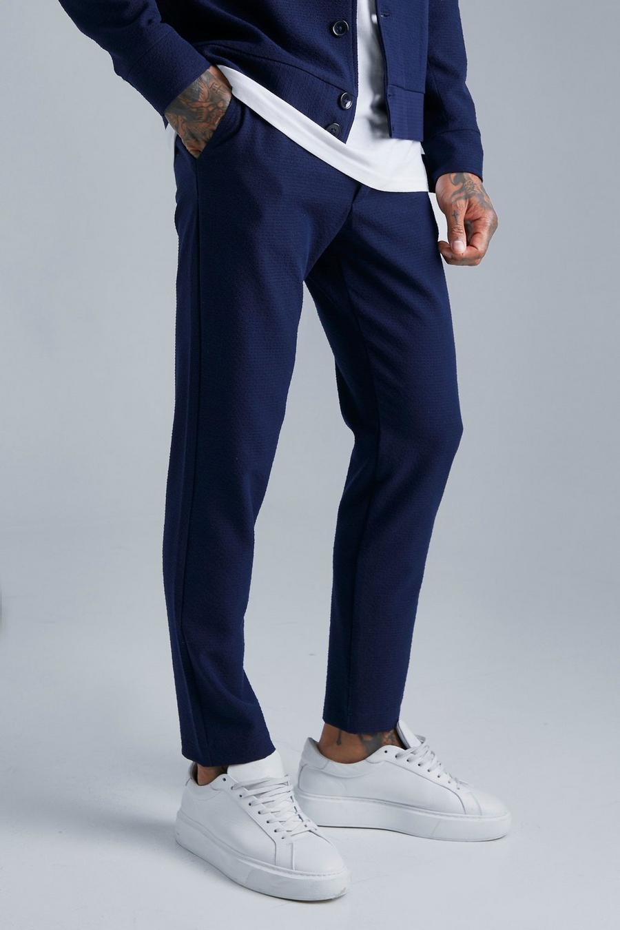 Navy Skinny Seersucker Crop Trousers image number 1