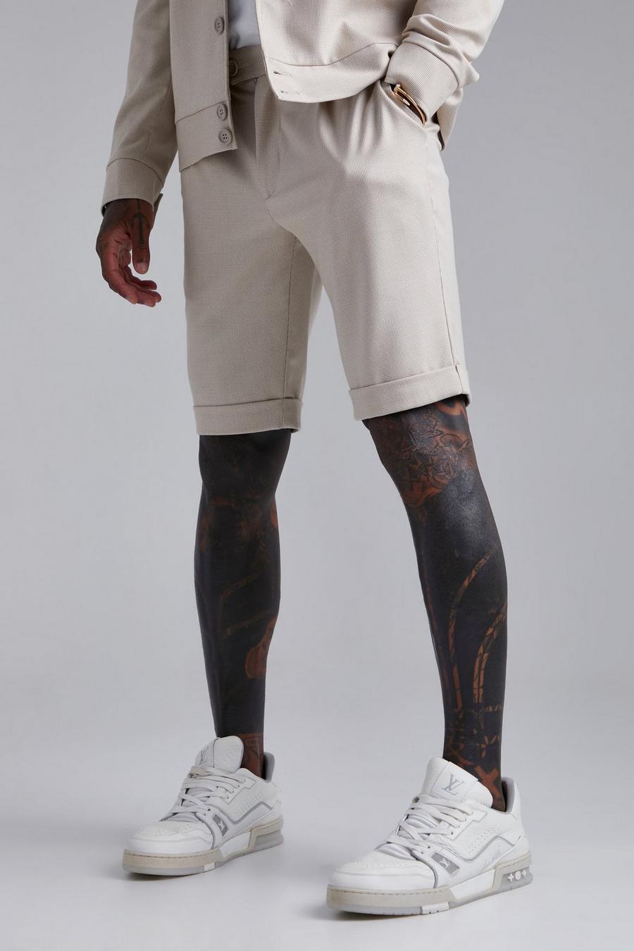 Beige Smart Textured Turn Up Hem Tailored Shorts