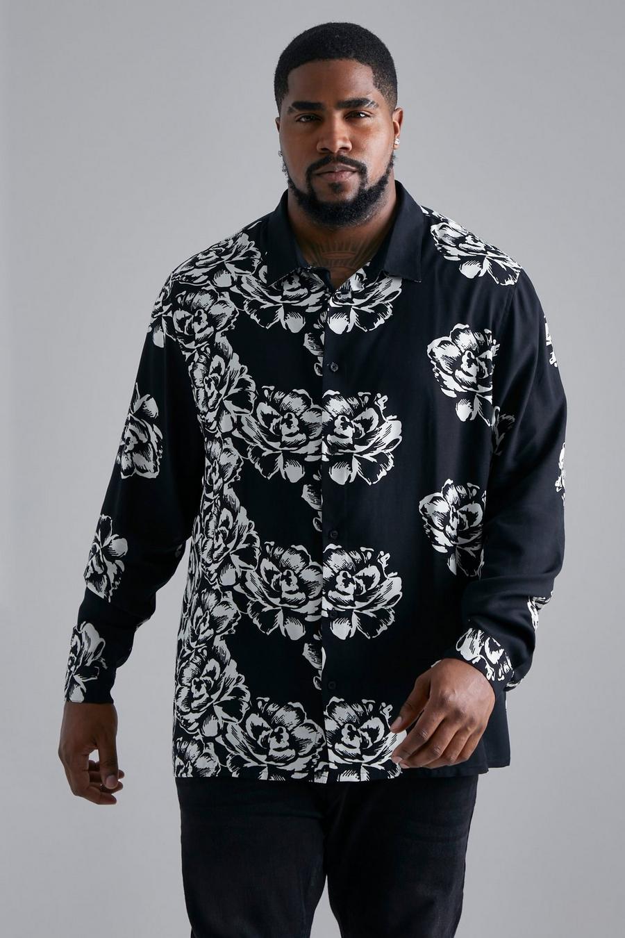 Black Plus Long Sleeve Floral Print Viscose Shirt image number 1