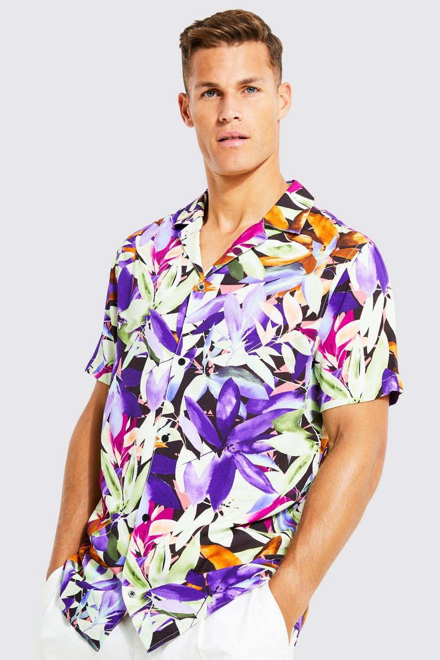 Multi Tall - Blommig skjorta i viskos med bowlingkrage image number 1