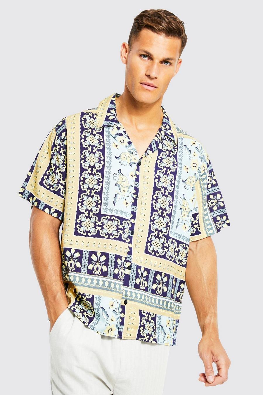 Blue Tall Boxy Fit Tile Print Revere Shirt image number 1