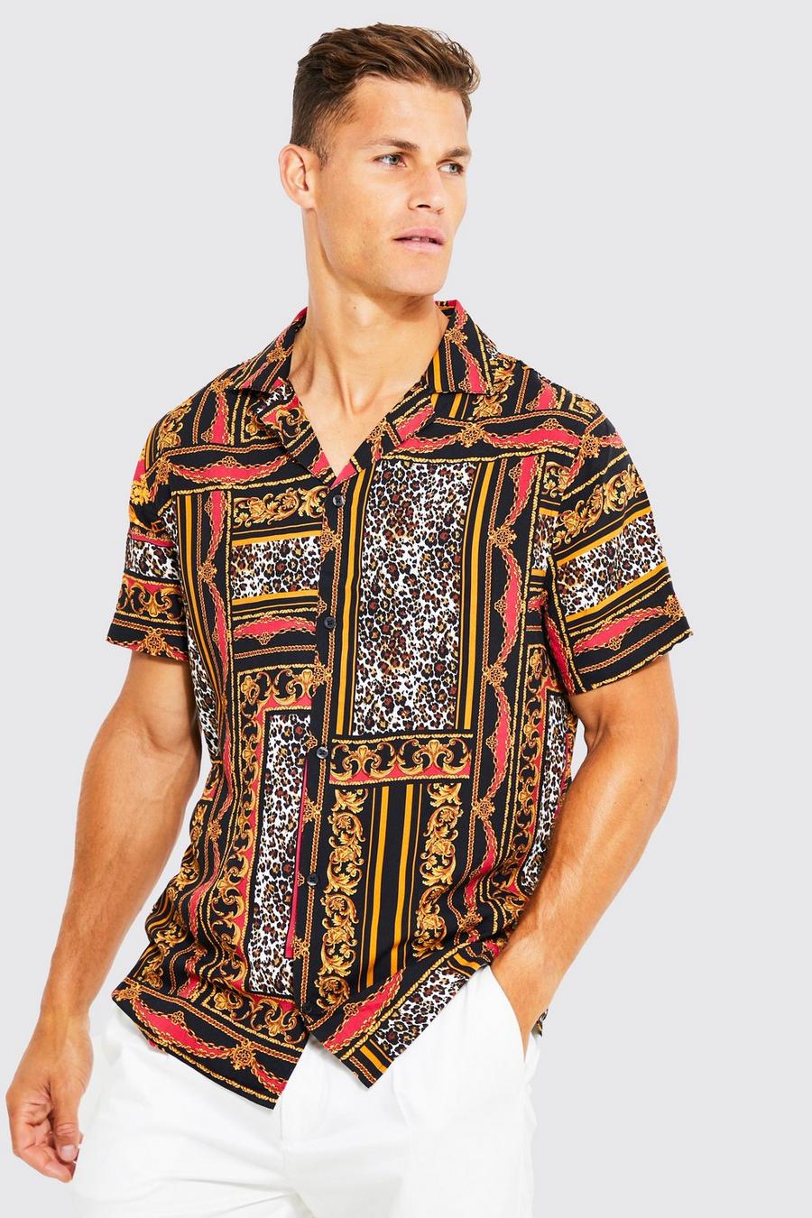 מולטי multicolor חולצת ויסקוזה עם הדפס בארוק וצווארון שטוח, לגברים גבוהים
